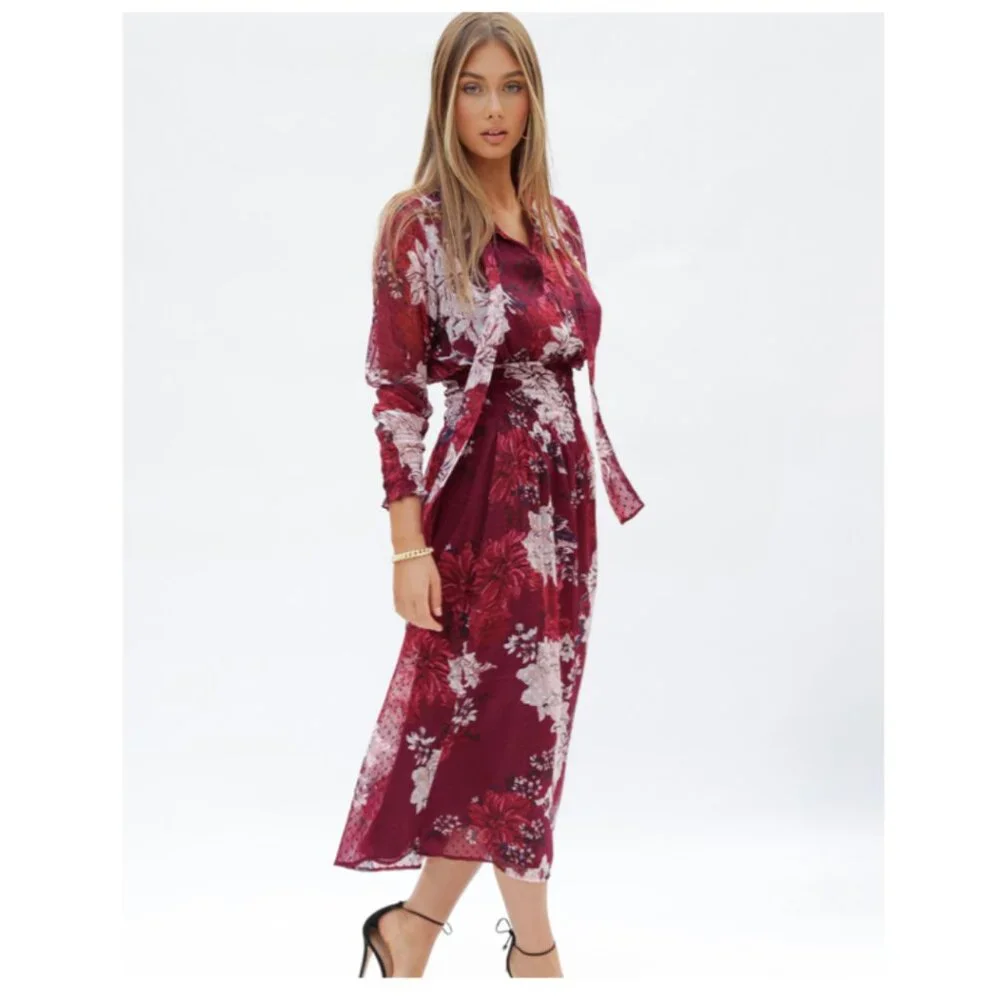 NWT Bishop + Young Cameo Midi Floral Long Sleeve Dress Dahlia Size Large